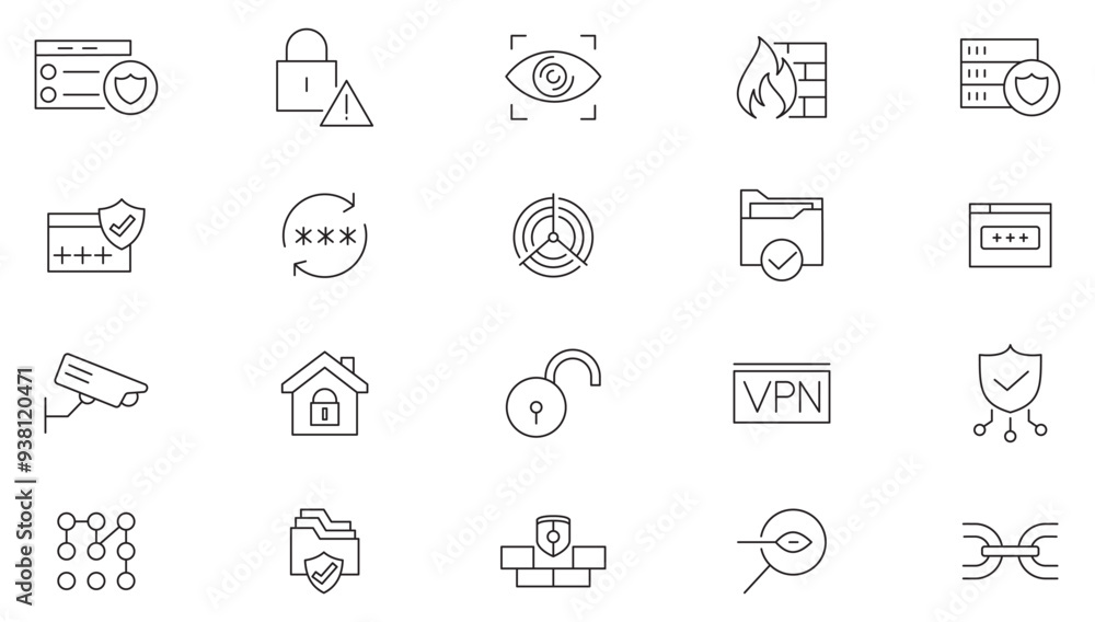Lock and protect line icon collection. Padlock, data protection, shield, security, cyber security, password, lock, and unlock icon set. UI outline icon pack Lock and protect line icon collection. Padlock, data protection, shield, security, cyber security, password, lock, and unlock icon set. UI outline icon pack