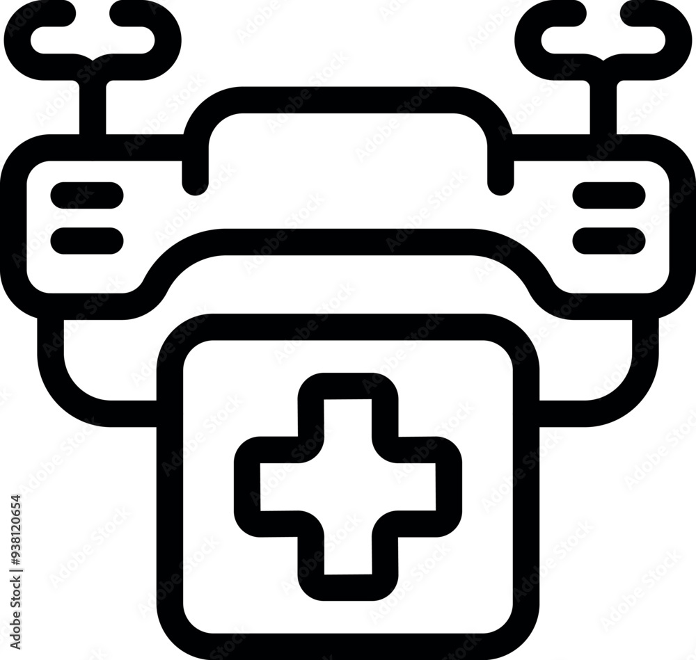 Simple, bold line icon of a drone carrying a first aid kit, perfect for medical and technology related designs Simple, bold line icon of a drone carrying a first aid kit, perfect for medical and technology related designs