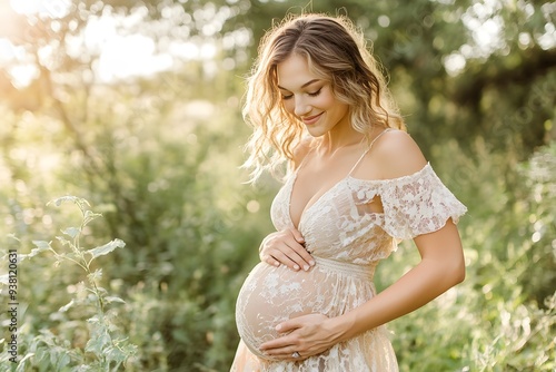 Expectant mother radiates joy, cradling her belly amidst a sun-kissed meadow. 