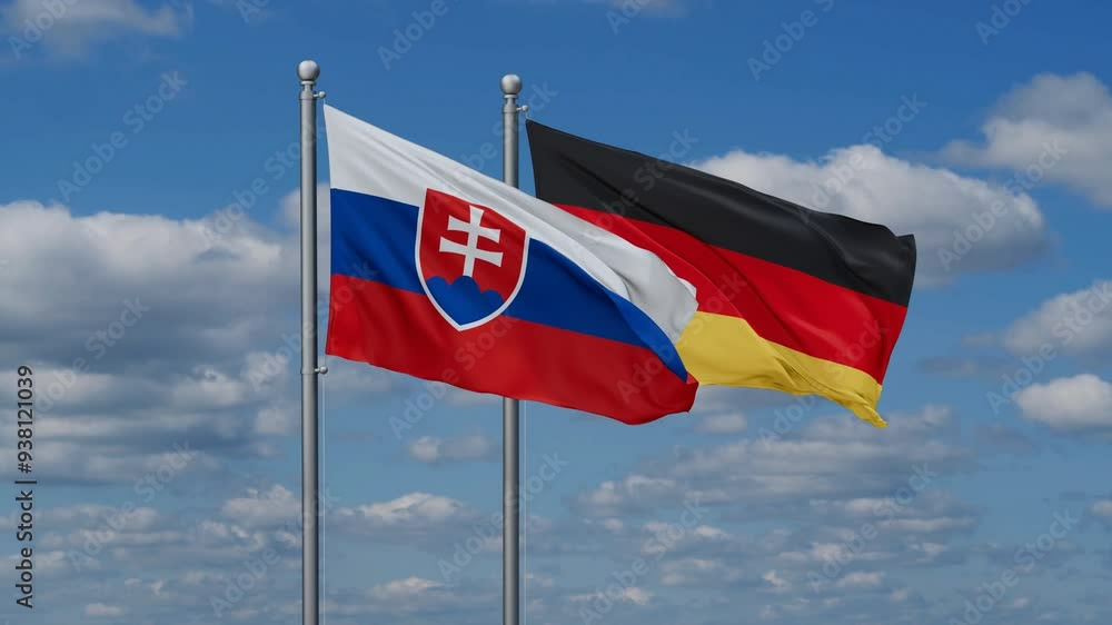Germany and Slovakia flags flying together, video concept of the relationship, two country relations concept Germany and Slovakia flags flying together, video concept of the relationship, two country relations concept