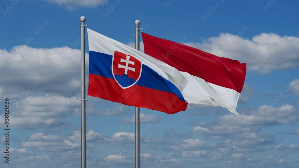 Indonesia and Slovakia flags flying together, video concept of the relationship, two country relations concept Indonesia and Slovakia flags flying together, video concept of the relationship, two country relations concept