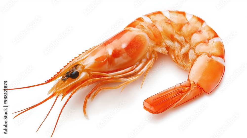 A single, cooked, red shrimp with white stripes, viewed from above, isolated on a white background. A single, cooked, red shrimp with white stripes, viewed from above, isolated on a white background.