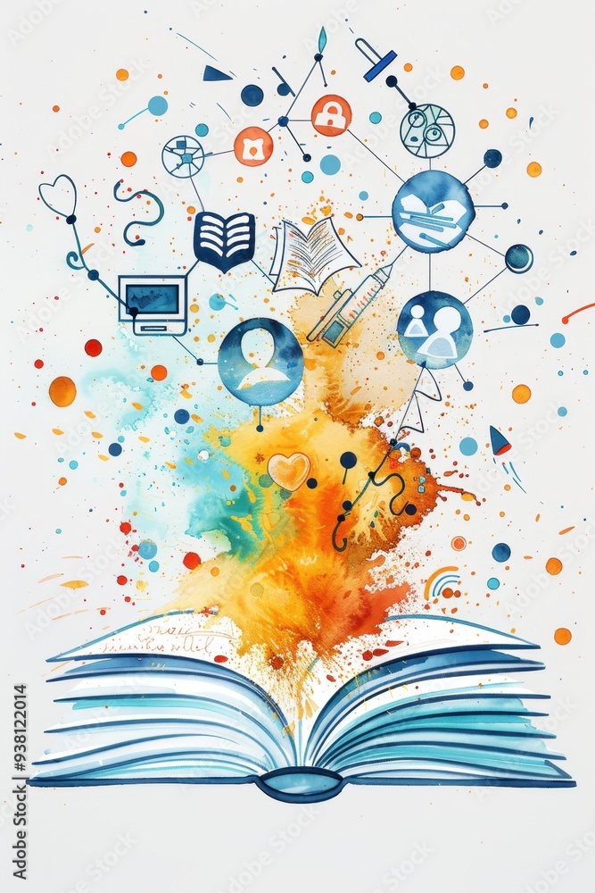 Obraz premium Knowledge Unbound - Open Book with Educational Icons on White Background