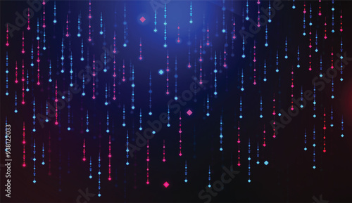 Colorful falling sparkles background design with navy blue gradient color. Purple and blue gradient color abstract falling sparkles background template. Light effect banner background design. 