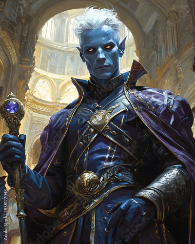 a drow mage with white hair and glowing eyes holding a staff with a blue gem, standing in a lavish golden hall adorned with tall windows and ornate columns