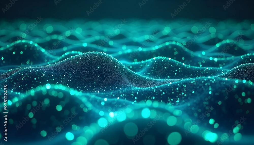 Bioluminescent Ocean with Digital Code Waves - Glowing Blue and Green Depicting Technology and Nature Connection Bioluminescent Ocean with Digital Code Waves - Glowing Blue and Green Depicting Technology and Nature Connection
