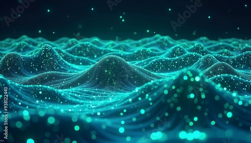 Bioluminescent Ocean with Digital Code Waves - Glowing Blue and Green Depicting Technology and Nature Connection