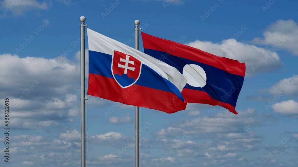 Laos and Slovakia flags flying together, video concept of the relationship, two country relations concept Laos and Slovakia flags flying together, video concept of the relationship, two country relations concept