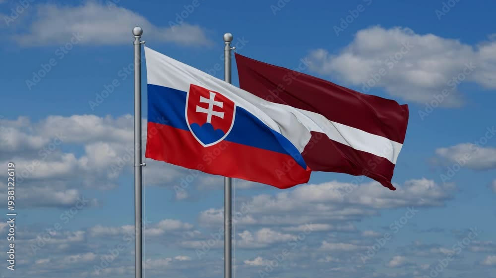 Latvia and Slovakia flags flying together, video concept of the relationship, two country cooperation concept Latvia and Slovakia flags flying together, video concept of the relationship, two country cooperation concept