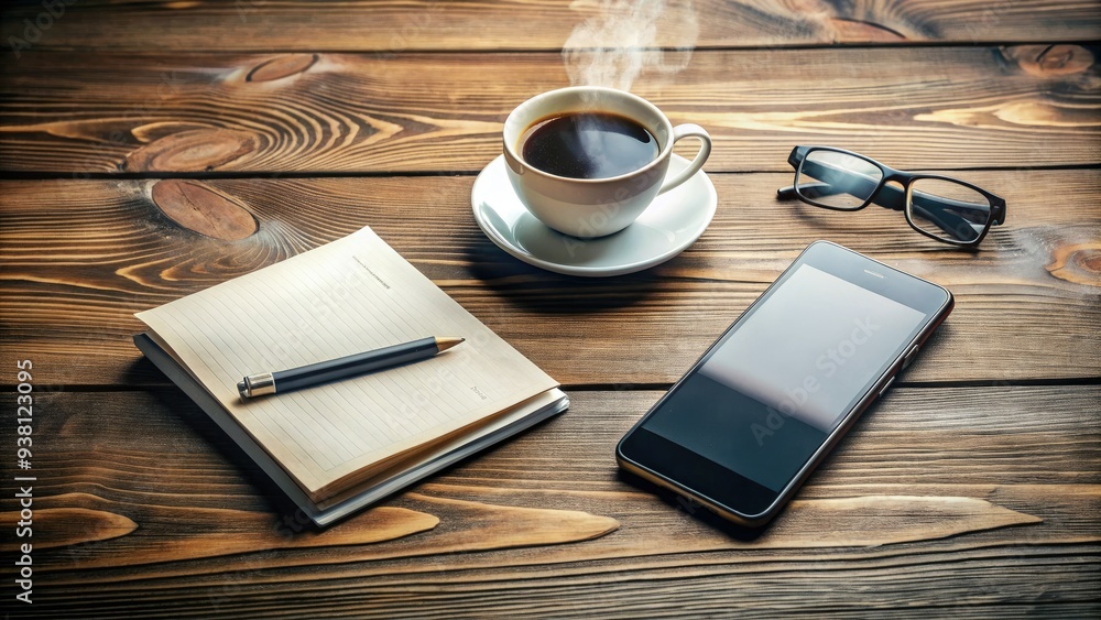 A sleek, modern smartphone lies open on a rustic wooden table, surrounded by scattered papers, office supplies, and a steaming cup of coffee. A sleek, modern smartphone lies open on a rustic wooden table, surrounded by scattered papers, office supplies, and a steaming cup of coffee.