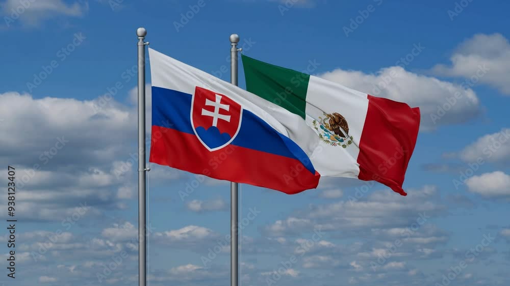 Mexico and Slovakia flags flying together, video concept of the relationship, two country relations concept Mexico and Slovakia flags flying together, video concept of the relationship, two country relations concept