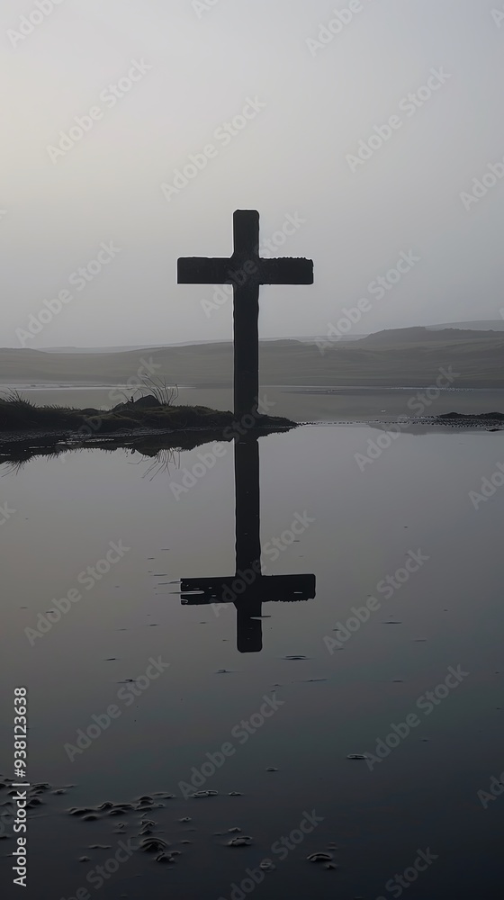 A solitary cross stands in water, its reflection clear in the calm surface during dusk, embodying peace, reflection, and spiritual solitude against the fading light. A solitary cross stands in water, its reflection clear in the calm surface during dusk, embodying peace, reflection, and spiritual solitude against the fading light.