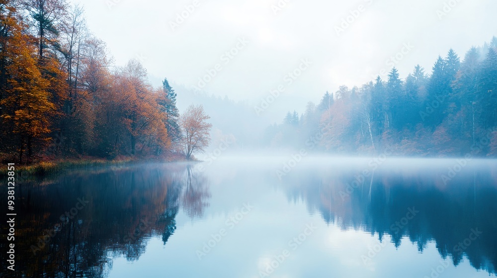 A misty morning by the lake reflects surrounding autumn trees, with fog adding a mystical quality to the tranquil landscape. A misty morning by the lake reflects surrounding autumn trees, with fog adding a mystical quality to the tranquil landscape.