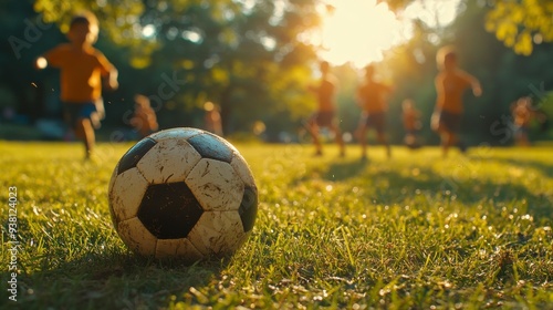 Children play soccer on a sunny field, focusing on the ball with a blurred background of players.