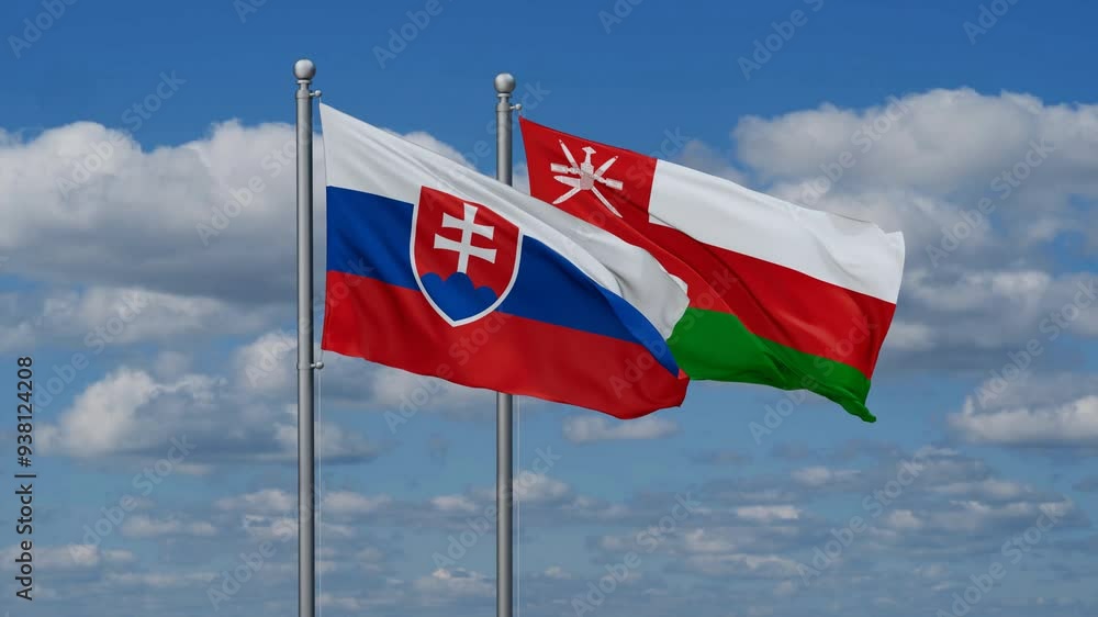 Oman and Slovakia flags flying together, video concept of the relationship, two country cooperation concept Oman and Slovakia flags flying together, video concept of the relationship, two country cooperation concept