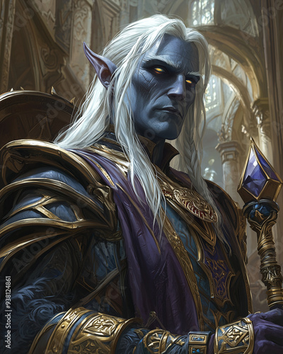 a drow sorcerer with long white hair and blue skin holding a scepter with a purple gem, standing in a richly decorated cathedral with high arches