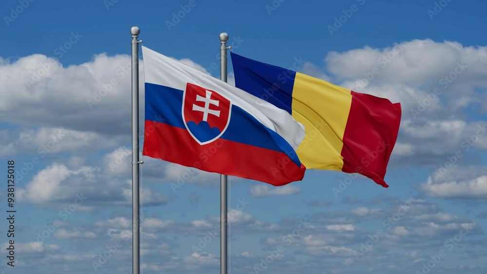 Romania and Slovakia flags flying together, video concept of the relationship, two country cooperation concept Romania and Slovakia flags flying together, video concept of the relationship, two country cooperation concept