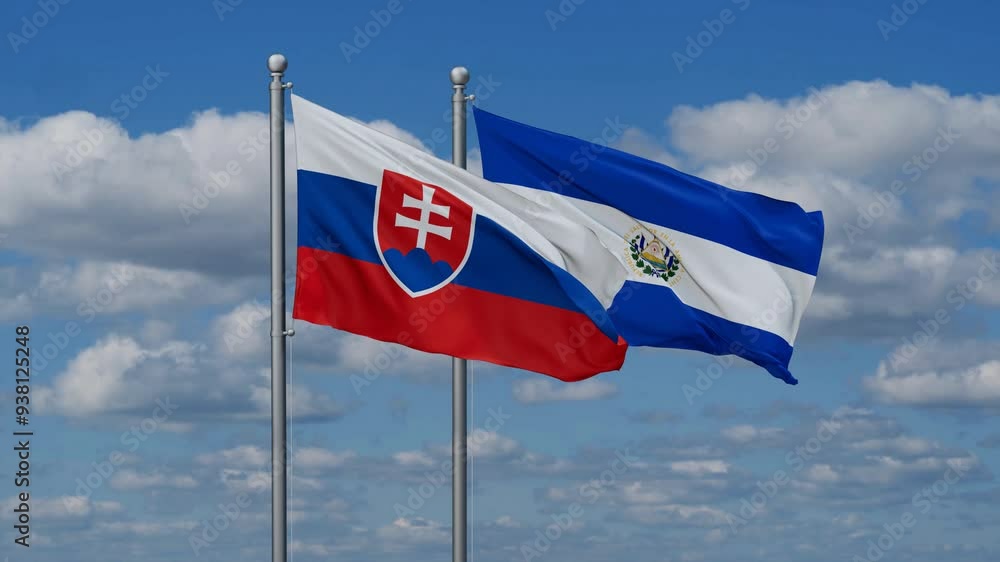 Republic of El Salvador and Slovakia flags flying together, video concept of the relationship, two country cooperation concept Republic of El Salvador and Slovakia flags flying together, video concept of the relationship, two country cooperation concept