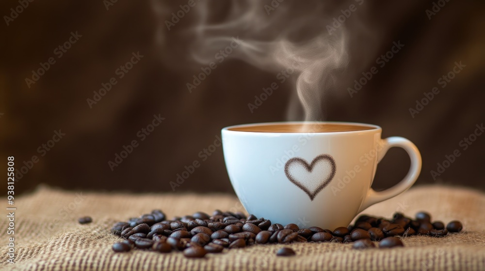 Coffee Beans and Steaming Cup with Heart Coffee Beans and Steaming Cup with Heart