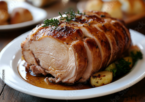 Golden-Brown Thanksgiving Turkey Feast.
A image of a roasted turkey, golden-brown and glistening, served as the centerpiece of a festive Thanksgiving dinner. photo