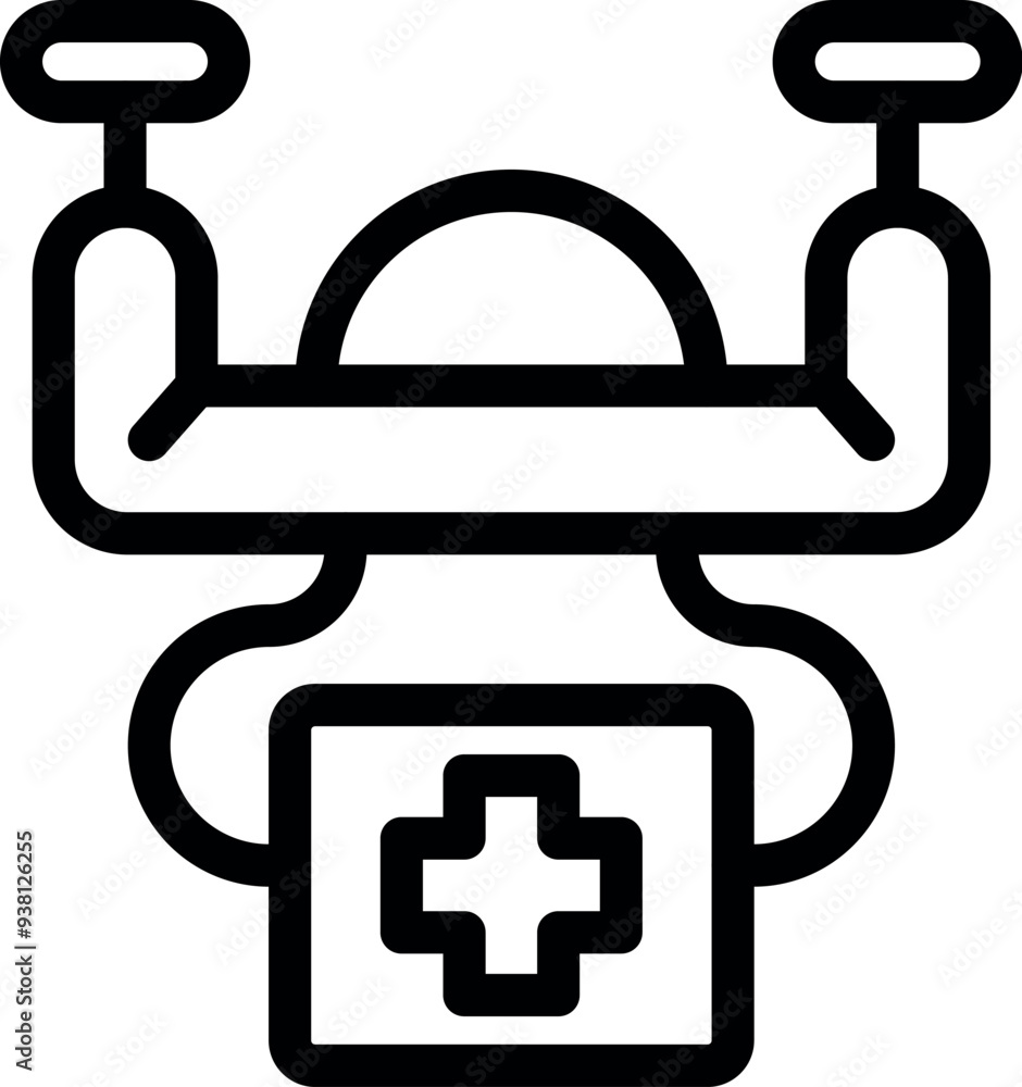 Simple line art icon of a drone carrying a first aid kit, representing medical delivery Simple line art icon of a drone carrying a first aid kit, representing medical delivery
