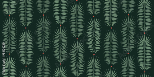 Christmas tree branch seamless vector pattern. Watercolor leaves background, jungle palm print
