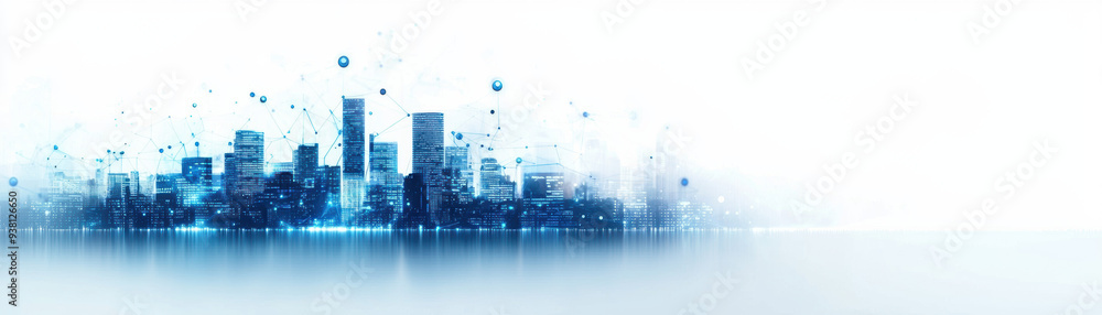 Obraz premium Illustration of a futuristic city where economic policy drives innovation, represented by digital blueprints and tech symbols