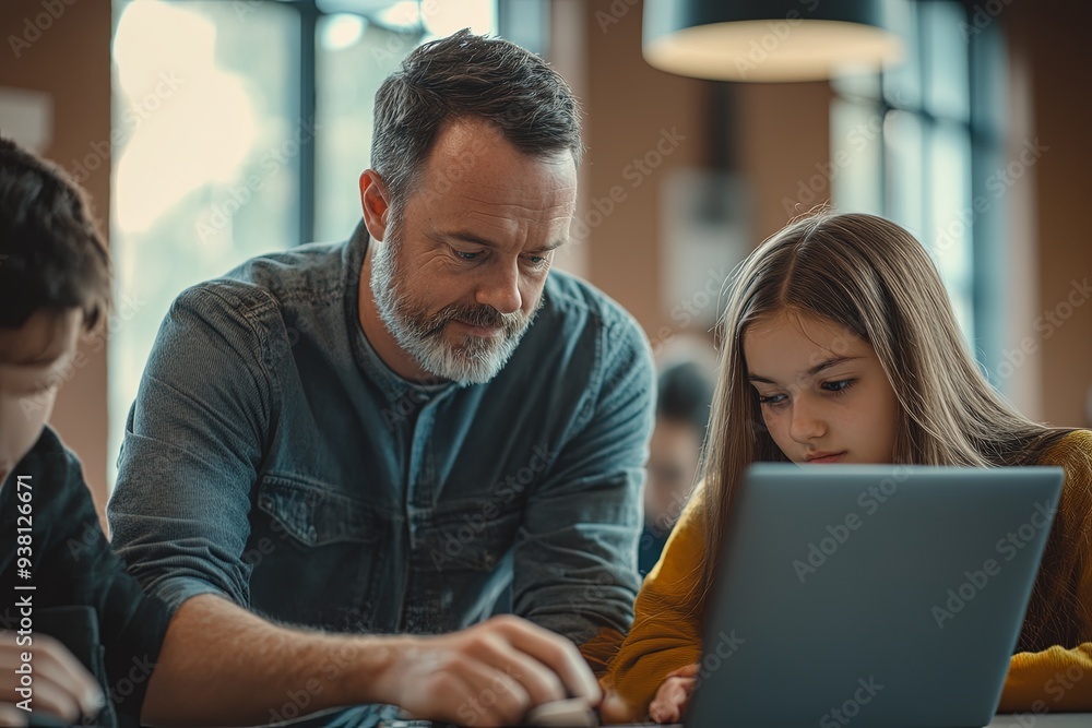 University classroom bathed in natural light, where a serious adult male teacher leans over to assist a young student with her laptop, their expressions focused and collaborative, with a subtle bokeh University classroom bathed in natural light, where a serious adult male teacher leans over to assist a young student with her laptop, their expressions focused and collaborative, with a subtle bokeh