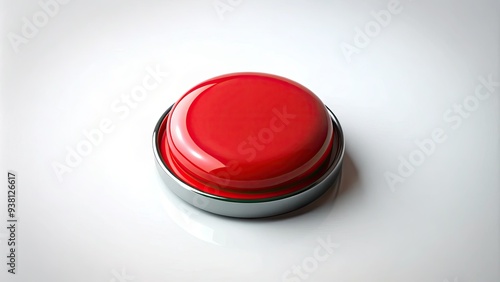 A small, shiny red button lies flat on a plain white background, waiting to be pressed, surrounded by empty space and devoid of distractions.