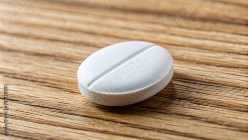 A small, white, oval-shaped pill with a scored line, lying on a calm, wooden background, symbolizing anxiety treatment and mental health management. photo