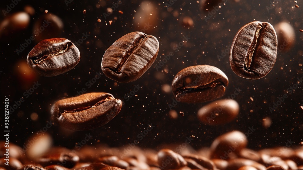 Falling Coffee Beans on Black Background with Copy Space Falling Coffee Beans on Black Background with Copy Space