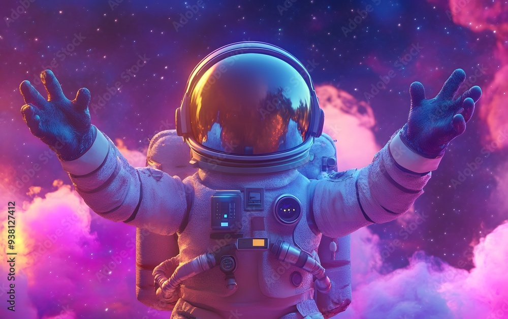 Astronaut in space suit reaches out against colorful cosmic backdrop filled with vibrant pink and purple clouds, representing exploration. Astronaut in space suit reaches out against colorful cosmic backdrop filled with vibrant pink and purple clouds, representing exploration.