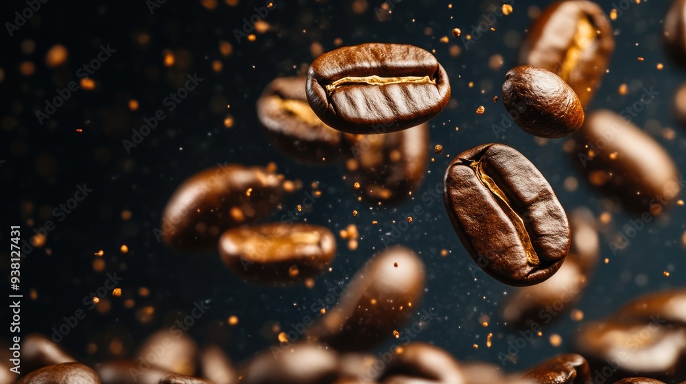 Close-Up of Roasted Coffee Beans in Motion on Dark Table Close-Up of Roasted Coffee Beans in Motion on Dark Table