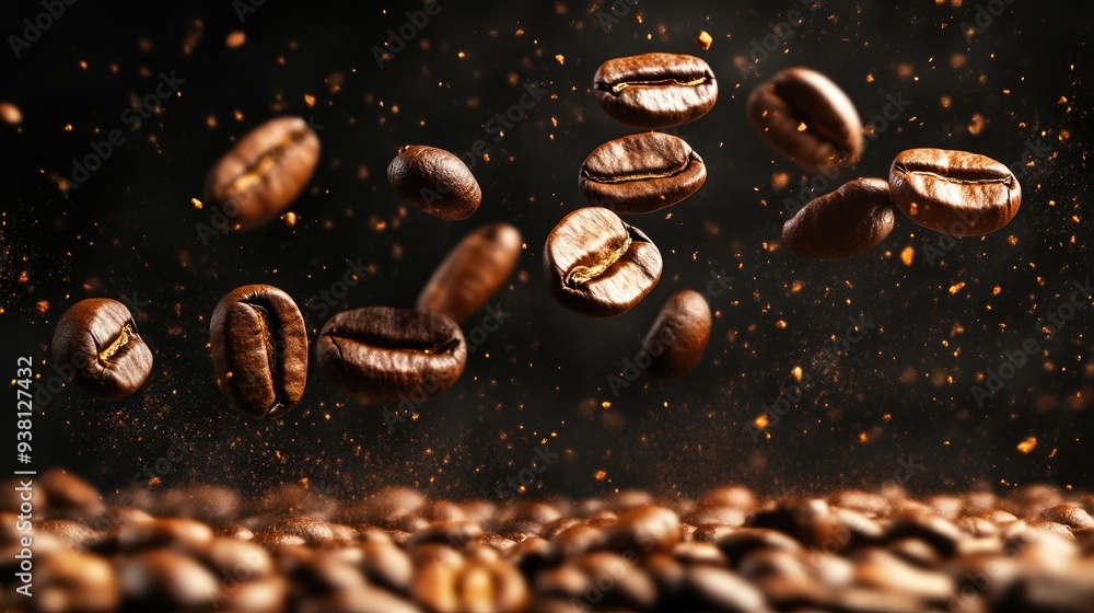 Brown Coffee Beans Descending Over Dark Table Surface Brown Coffee Beans Descending Over Dark Table Surface