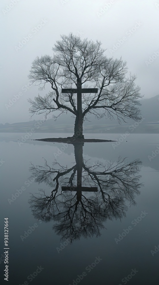In a foggy setting, a bare tree with a cross stands on a small island, its image perfectly reflected in the still water, creating a hauntingly beautiful scene. In a foggy setting, a bare tree with a cross stands on a small island, its image perfectly reflected in the still water, creating a hauntingly beautiful scene.
