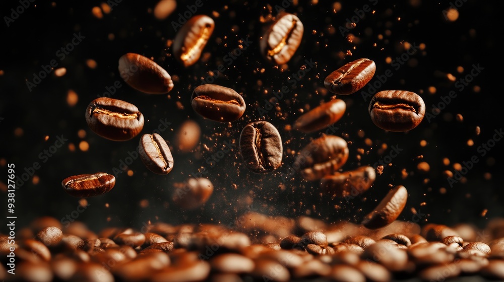 Detailed Close-Up of Coffee Beans in Freefall on Dark Table Detailed Close-Up of Coffee Beans in Freefall on Dark Table