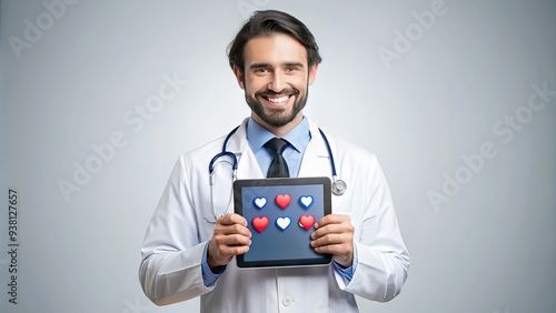 A smiling doctor in a white coat holds a tablet with a screen displaying numerous social media likes and followers, symbolizing online reputation. photo