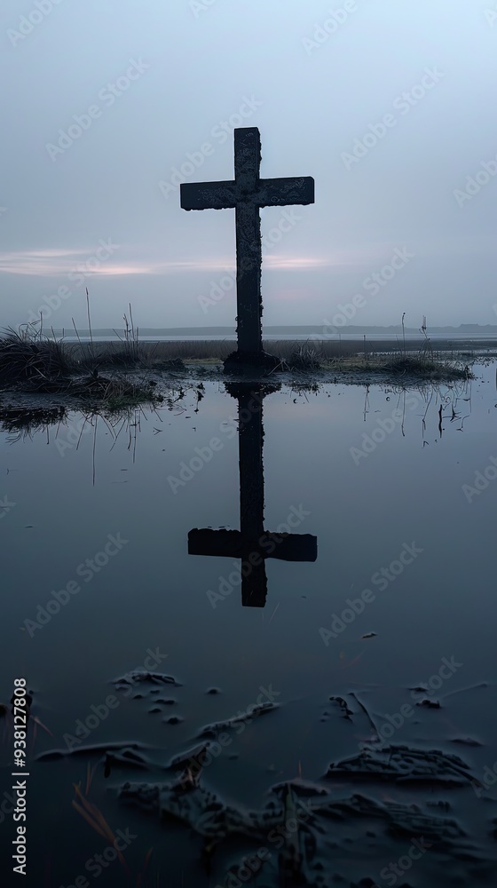 A lonely cross stands in a marshland, its reflection in the water casting a sense of solitude and peace as the marsh grasses surround it beneath the overcast sky. A lonely cross stands in a marshland, its reflection in the water casting a sense of solitude and peace as the marsh grasses surround it beneath the overcast sky.