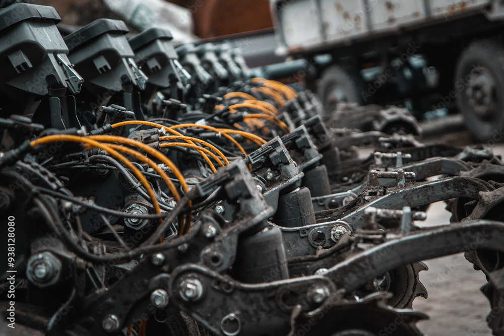 Agricultural Machinery. Close-up view of agricultural machinery components, focusing on the mechanical parts and hydraulic systems.