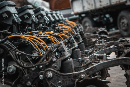Obraz na płótnie Agricultural Machinery. Close-up view of agricultural machinery components, focusing on the mechanical parts and hydraulic systems. w salonie