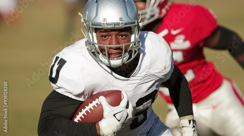 Running with determination, football player in white uniform evades defenders while gripping ball tightly. 
