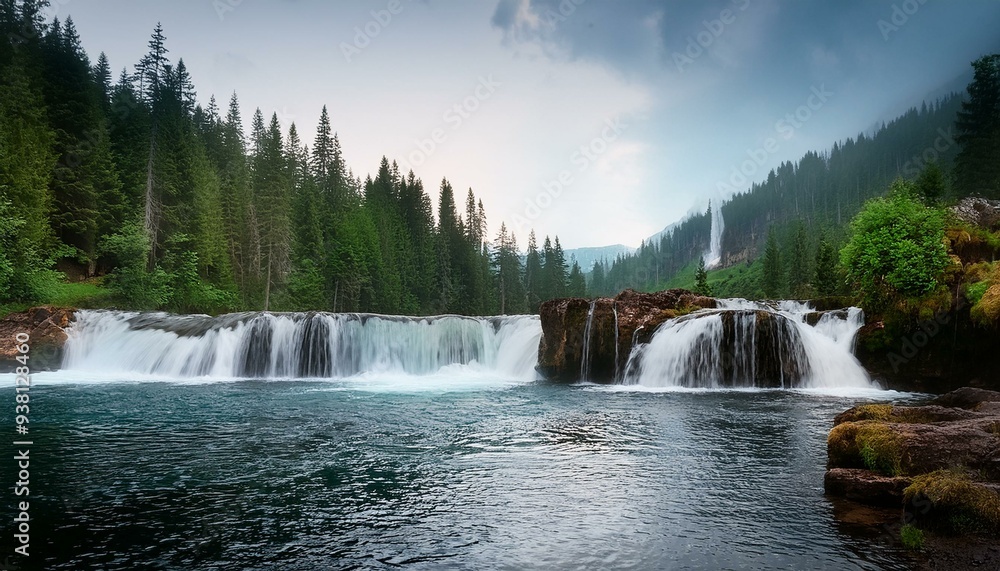 Fototapeta premium A waterfall with a forest in the background