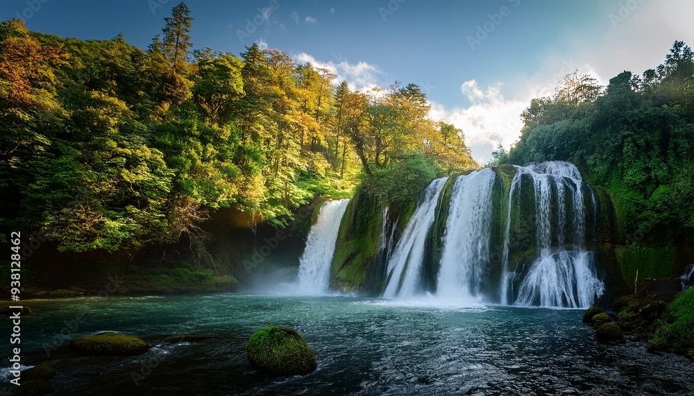 Fototapeta premium A waterfall with a forest in the background