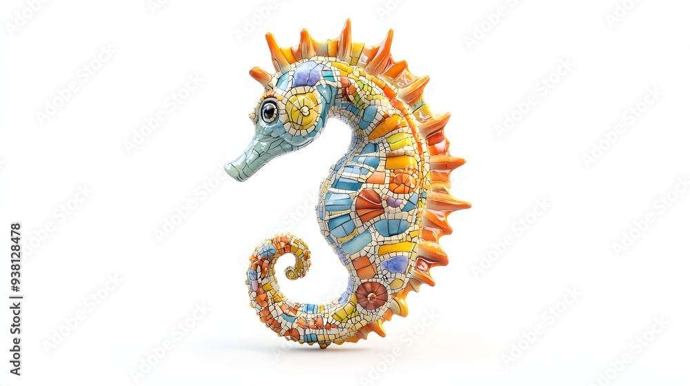 51. **A detailed 3D render of a ceramic tile art featuring a colorful seahorse with intricate tile designs, isolated on a white background 51. **A detailed 3D render of a ceramic tile art featuring a colorful seahorse with intricate tile designs, isolated on a white background