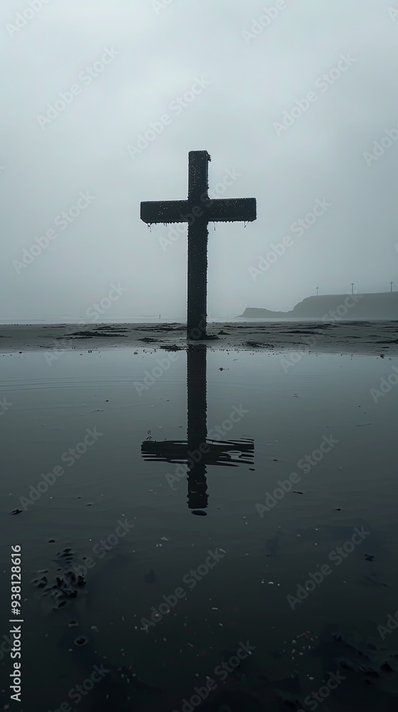 A solitary cross rises from the water with its reflection mirrored in the still surface, surrounded by mist and fog, creating a sense of mystery and reverence. A solitary cross rises from the water with its reflection mirrored in the still surface, surrounded by mist and fog, creating a sense of mystery and reverence.