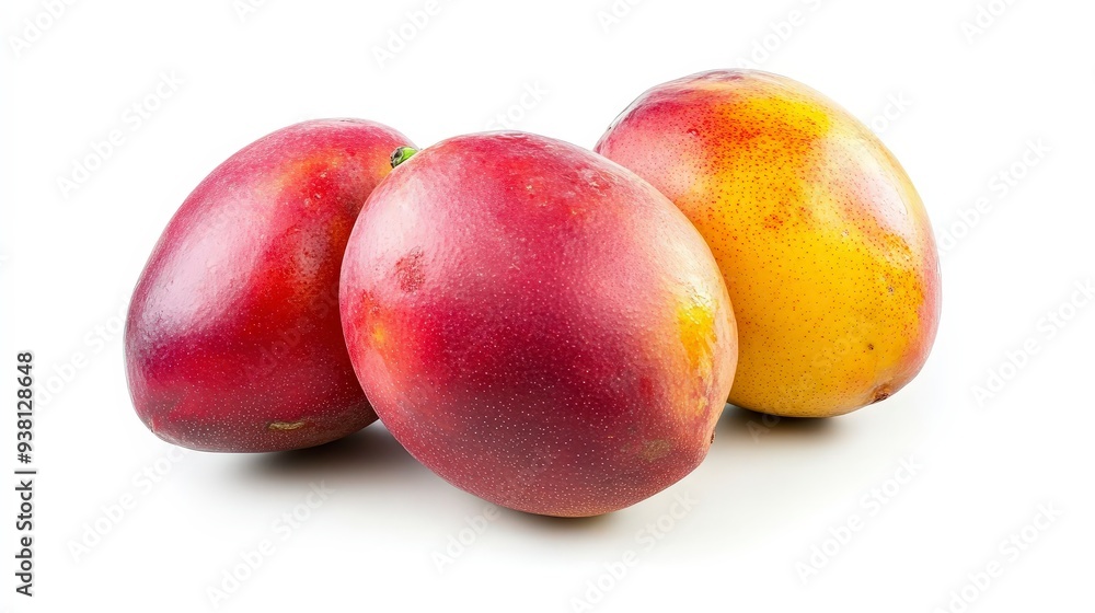 Three ripe mangoes, two red and one yellow, on a white background. Three ripe mangoes, two red and one yellow, on a white background.