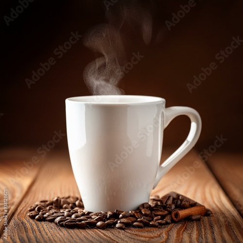 A white coffee cup with coffee beans on a wooden table