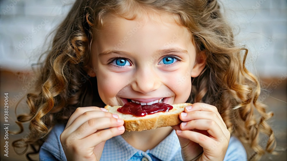 A smiling young girl with curly brown hair and bright blue eyes takes a bite of a slice of toasted bread with butter and jam. A smiling young girl with curly brown hair and bright blue eyes takes a bite of a slice of toasted bread with butter and jam.