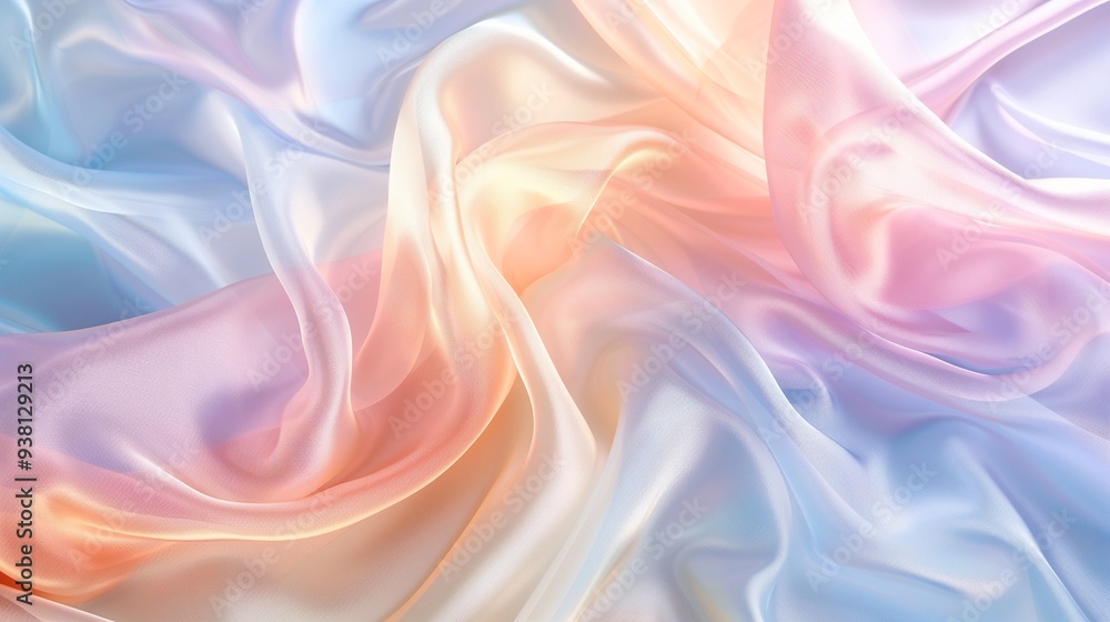 An isolated, transparent silk fabric rippling softly with pastel colors in the background. An isolated, transparent silk fabric rippling softly with pastel colors in the background.