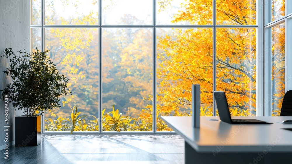 A modern office space with sleek, minimalist decor and large windows ...